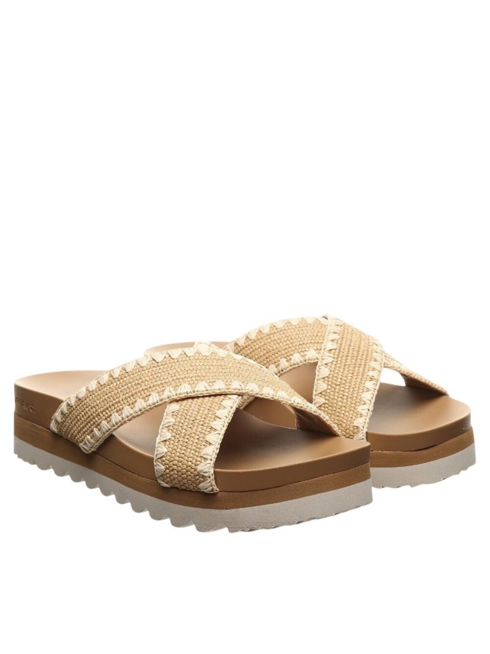 NWT Bearpaw Criss Cross Raffia Crochet Embroidered Sandals Natural Tan Brown 8M